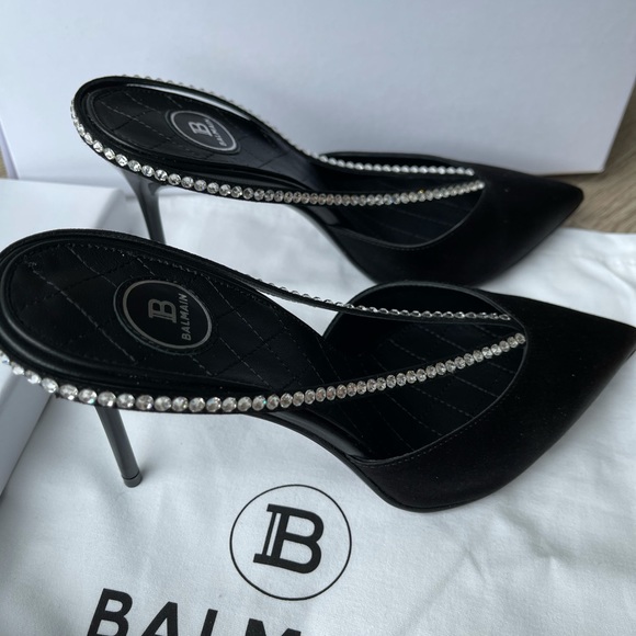 Balmain Crystal-embellished Satin Mules In Black - Picture 5 of 6